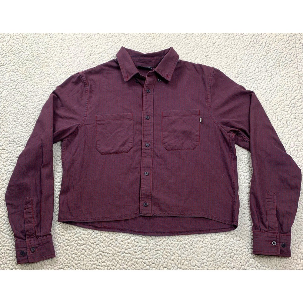 Vans Button Down Shirt Womens Small Burgundy Plaid Cropped Long Sleeve Flannel - Picture 3 of 8